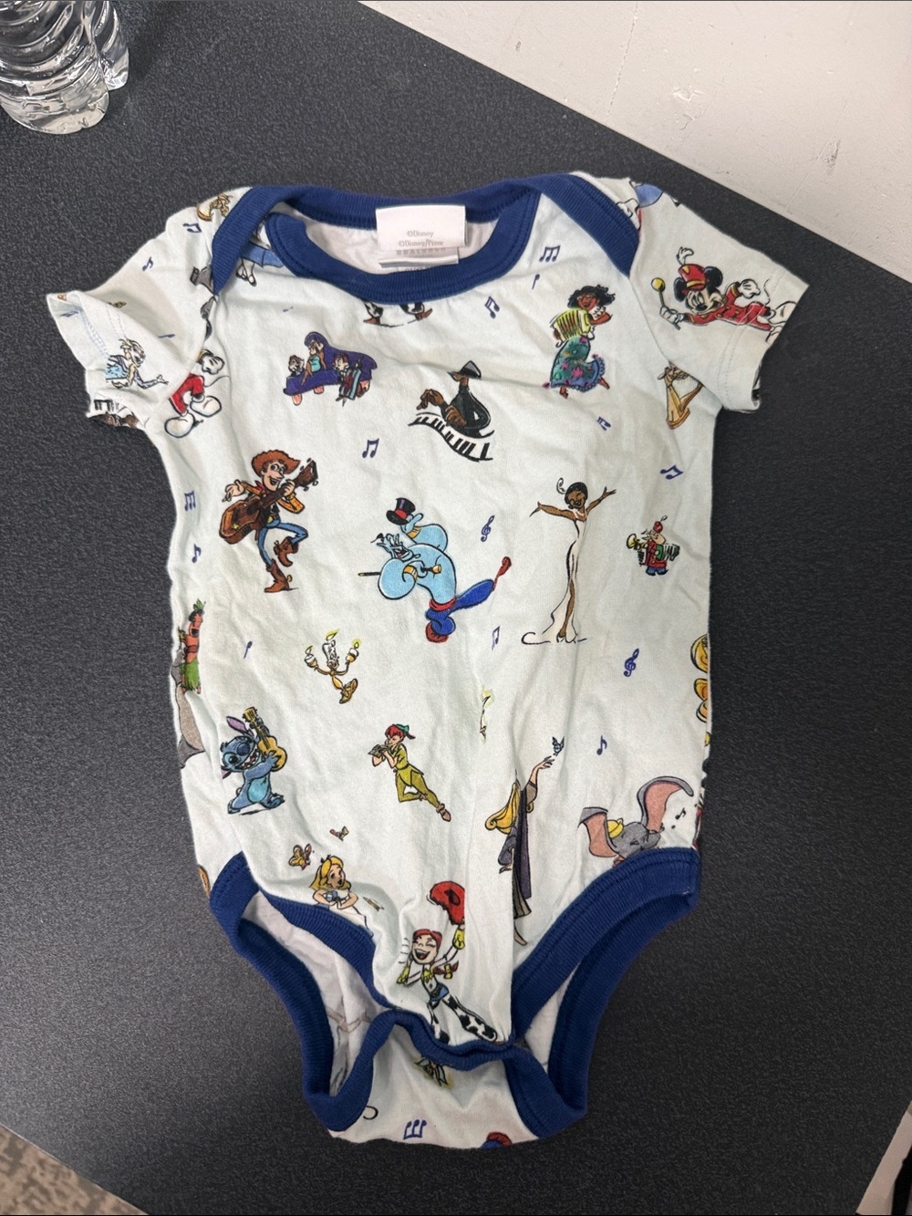 Disney White One-Piece Bodysuit with Blue Trim and Multicolor Character Print